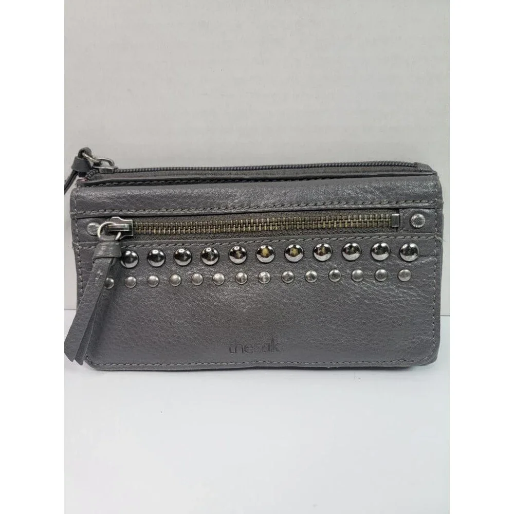 The Sak Gray Leather Studded Wallet Womens Zip Around Bifold Clutch Organizer